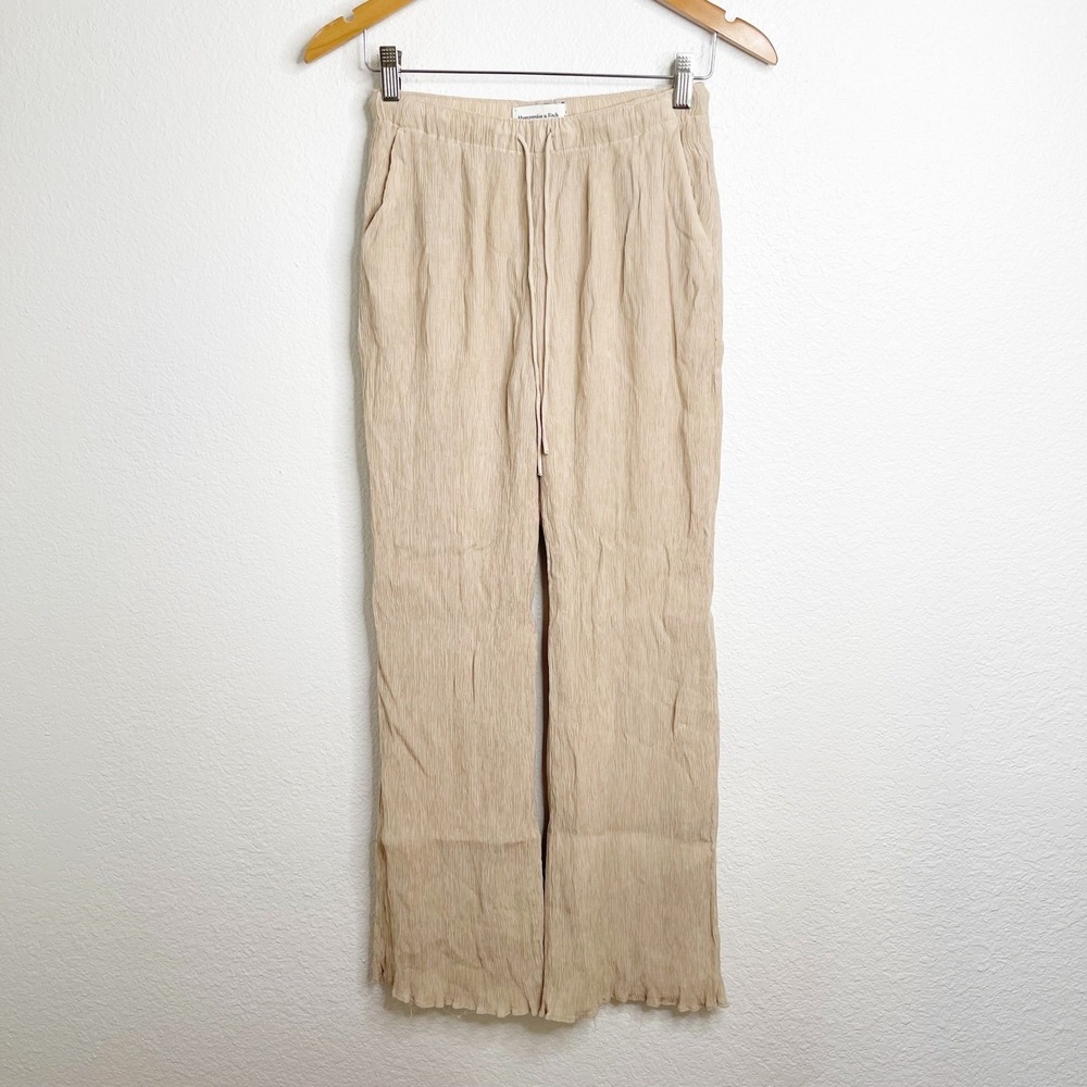 Abercrombie &‎ Fitch XS Tan Crinkle Textured Drawstring Straight Leg Pants Beige